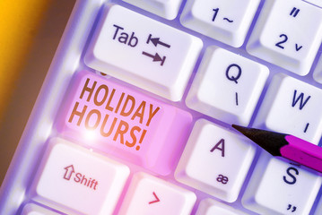 Conceptual hand writing showing Holiday Hours. Concept meaning Overtime work on for employees under...
