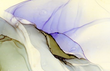 Abstract illustration in alcohol ink technique. Violet, olive and gray marble texture. Wash drawing effect wallpaper. Modern illustration for card design, creative banners and ethereal graphic design.