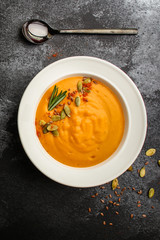 pumpkin soup (first course, delicious vegetable vitamin food) menu concept. food background. copy space. Top view