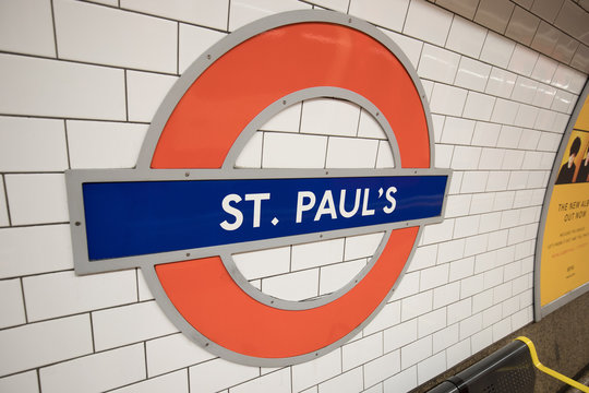 LONDON, ENGLAND - MAY 2: Detail of London ST. Paul Tube sign on the wall on May 2,2017