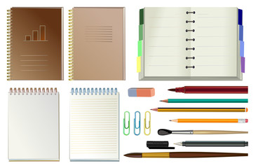 A set of office tools. Pencils and notebooks. Notebooks and diaries, pencils and pens, felt-tip pens. Vector illustration. Paper clips, rubber and tassels.