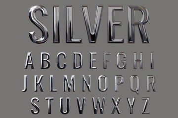 Alphabet letter set with glossy metal texture (chrome, steel, silver) isolated on grey background, 3D rendering, bold typeface, premium uppercase font design for poster, banner, invitation