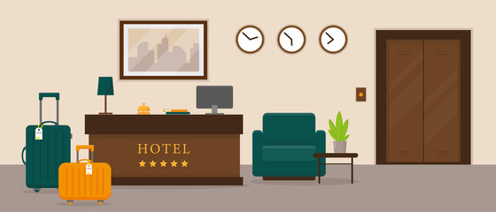 Hotel reception interior design. Resort hall vector illustration.