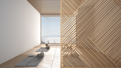 Wooden panel close-up, empty yoga studio, open space, mats and accessories, meditation room, parquet. Minimalist zen interior design concept idea, contemporary architecture template