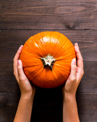 Dynia trzymana w rękach na ciemnym, klimatycznym, drewnianym tle  © Nicole