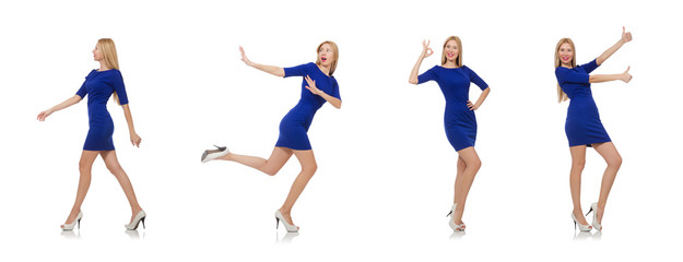 Beautiful lady in dark blue dress isolated on white