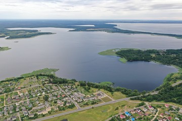 Photo of a lake on top helicopter blue water