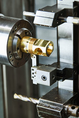 turning cnc machine at metal work industry. Multitool precision manufacturing and machining