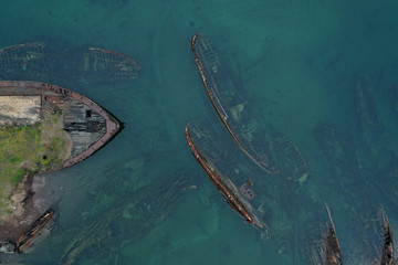 Ship graveyard in Teriberka, Kola Peninsula, Russia. Aerial view.