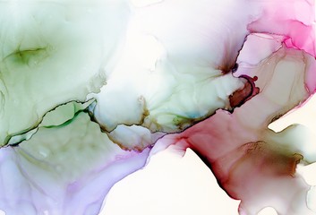 Abstract illustration in alcohol ink technique. Green, magenta and violet marble texture. Wash drawing effect wallpaper. Modern illustration for card design and ethereal graphic design. - 297154325