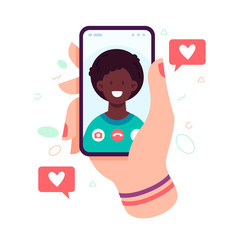 Female hand holding smartphone with boyfriend on screen. Finger touch screen. Video call with loved one. Video call concept. Vector flat cartoon illustration for web sites and banners design