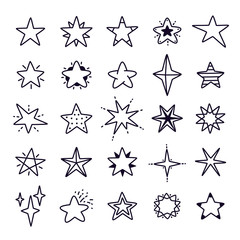 Doodle stars. Hand drawn line star isolated set, black stars vector modern illustration