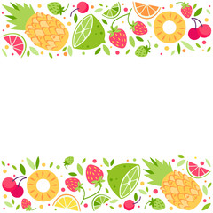 Summer fruits for healthy lifestyle. Vector colorful summer fruits and berries frame. Vector flat cartoon illustration on white background