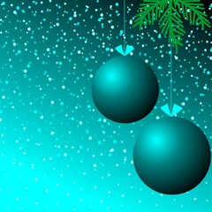 Naklejka na ściany i meble Black and blue background with confetti, blue balls and branches Christmas tree. Merry Christmas and Happy New Year.