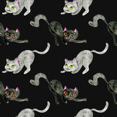 Watercolor Seamless Pattern of Black Cats on Black Background. Handwork illustration. Animal silhouette. Wallpaper and fabric design and decor. halloween pattern