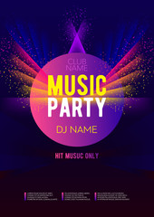  Vertical music party poster with color graphic elements, dark background and text.  