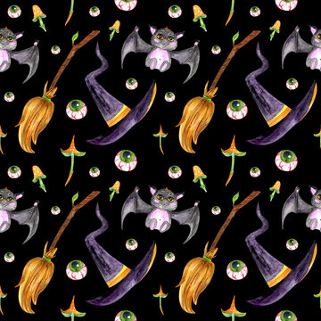 Watercolor magic seamless pattern. Hand painted Halloween symbols on black background. Mushrooms, bat, witch's broom, wizard's hat, creepy eyeballs. Holiday design Halloween party colorful drawing.