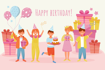 Happy birthday greeting card flat vector template. Joyful children holiday celebration. Kids party. Postcard, invitation design layout. Poster, banner, print with cartoon characters and lettering