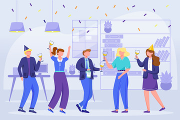 Office team celebrate birthday flat vector illustration. Company birth party on workplace. Festive bright entertainment. Corporate event. Colleagues dance, have wine, snacks cartoon characters