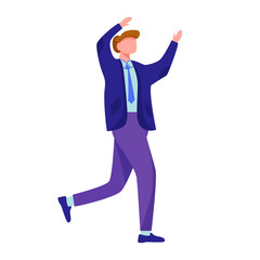 Happy running man flat vector illustration. Full body active caucasian student on holiday celebration. Joyful dancing businessman isolated cartoon character on white background