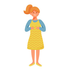 Happy girl flat vector illustration. Smiling female kid in yellow dress. Happy childhood. Joyful blonde caucasian child holds hands at chest isolated cartoon character on white background
