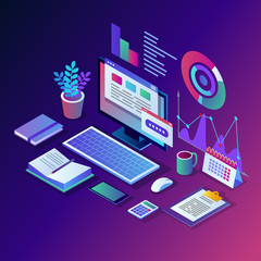 Data analysis. Digital financial reporting, seo, marketing. Business management, development. 3d isometric laptop, computer, pc with graph, chart, statistic. Vector design for website
