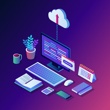 Cloud storage technology. Data backup. 3d isometric computer, pc with mobile phone isolated on background. Hosting service for website. Vector design for banner