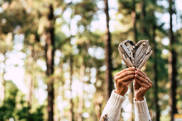 hands of woman holding a wooden heart with at the background a wood or forest - save the forest and change climate concept lifestyle