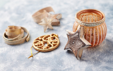 Christmas ornament on rustic wooden background. Copy space. 
