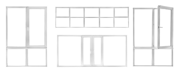 Different modern metal-plastic windows on white background