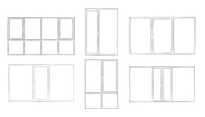 Different modern metal-plastic windows on white background