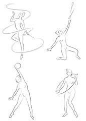 Collection. Rhythmic gymnastics. Silhouette of a girl with maces, ball, ribbon, hoop. Beautiful gymnast. The woman is slim and young. Vector illustration of a set.