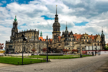 Dresden Cathedral of the Holy Trinity Hofkirche and Dresden Castle Hausmannsturm on Theaterplatz in Dresden, Germany.