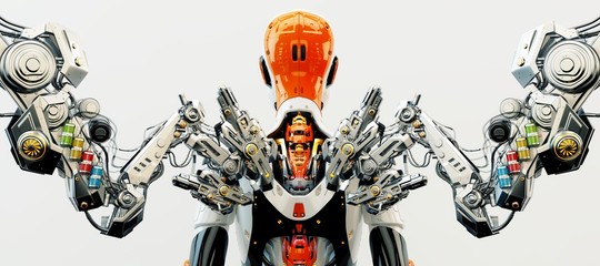 Fototapeta premium Working tattoo machine 3d render / Futuristic robotic arms working on new tattoo for cyborg, 3d illustration
