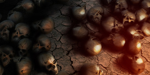 Skull human on cracked dry ground background 3D Rendering