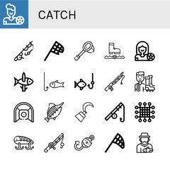 Set of catch icons such as Football player, Fishing, Butterfly net, Net, Trap, Fishing rod, Marlin, Hook, Fishing baits, Fish hook, Fisherman , catch