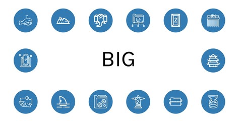 Set of big icons such as Whale, Cruise, Wild life, Data, Full length mirror, Brandenburg gate, Shark, Christ the redeemer, Funnel, Temple , big