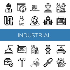 Set of industrial icons such as Engineer, Piping, Box, Overall, Hat, Worker, Settings, Machinery, Storage tank, Toolbox, Blueprint, Hammer, Lubricant, Pipe, Chisel , industrial