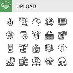 Set of upload icons such as Cloud, Unboxing, Speedometer, Load, Upload, Server, Firewall, Download, Download file , upload