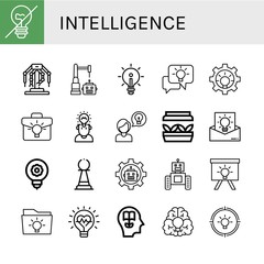Set of intelligence icons such as Incandescent light, Robotics, Robot, Idea, Artificial light, Pawn, Innovation, Knowledge , intelligence