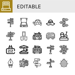 Set of editable icons such as Scanner, Signpost, Turtle, Pamela, Chest, Camper, Sandbox, Mosquito repellent, Pen tool, Luggage, Woodlouse , editable