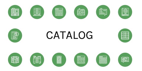 Set of catalog icons such as Catalog, Drawers, Price list, Guide, Manual book, Brochure, App drawer, Cabinet, Drawer , catalog