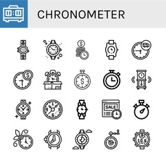 Set of chronometer icons such as Timer, Watch, Time is money, Wristwatch, Time, Chronometer, Wall clock, Stopwatch, Pocket watch , chronometer