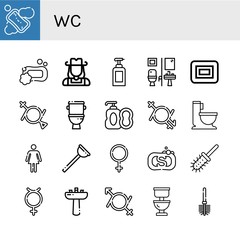 Set of wc icons such as Soap, Cowgirl, Restroom, Gender fluid, Toilet, Wc, Female, Plunger, Toilet brush, Hermaphrodite, Washbasin , wc