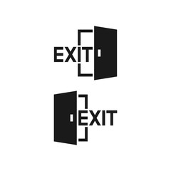 Open door, exit black vector icon. Open door with exit text simple glyph symbol.