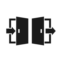 Open door, exit or entrance black vector icon set. Open door with arrow simple glyph symbol set.