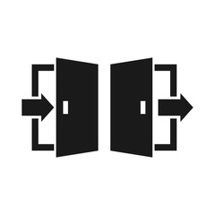 Open door, exit or entrance black vector icon set. Open door with arrow simple glyph symbol set.