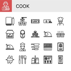 Set of cook icons such as Butcher, Dough, Noodles, Bread, Loaf, Cook, Restaurant, Tomato, Chicken, Muffin, Cooker, Knife, Buffet, Cicerone, Kitchen tools, Salt and pepper , cook