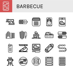 Set of barbecue icons such as Chicken leg, Steak, Ham, Shish kebab, Sausage, Mutton, Shawarma, Butcher shop, Burrito, Charcoal grill, Ribs, Bacon , barbecue