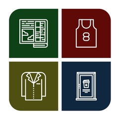 Set of front icons such as Newspaper, Tank top, Jacket, Door , front